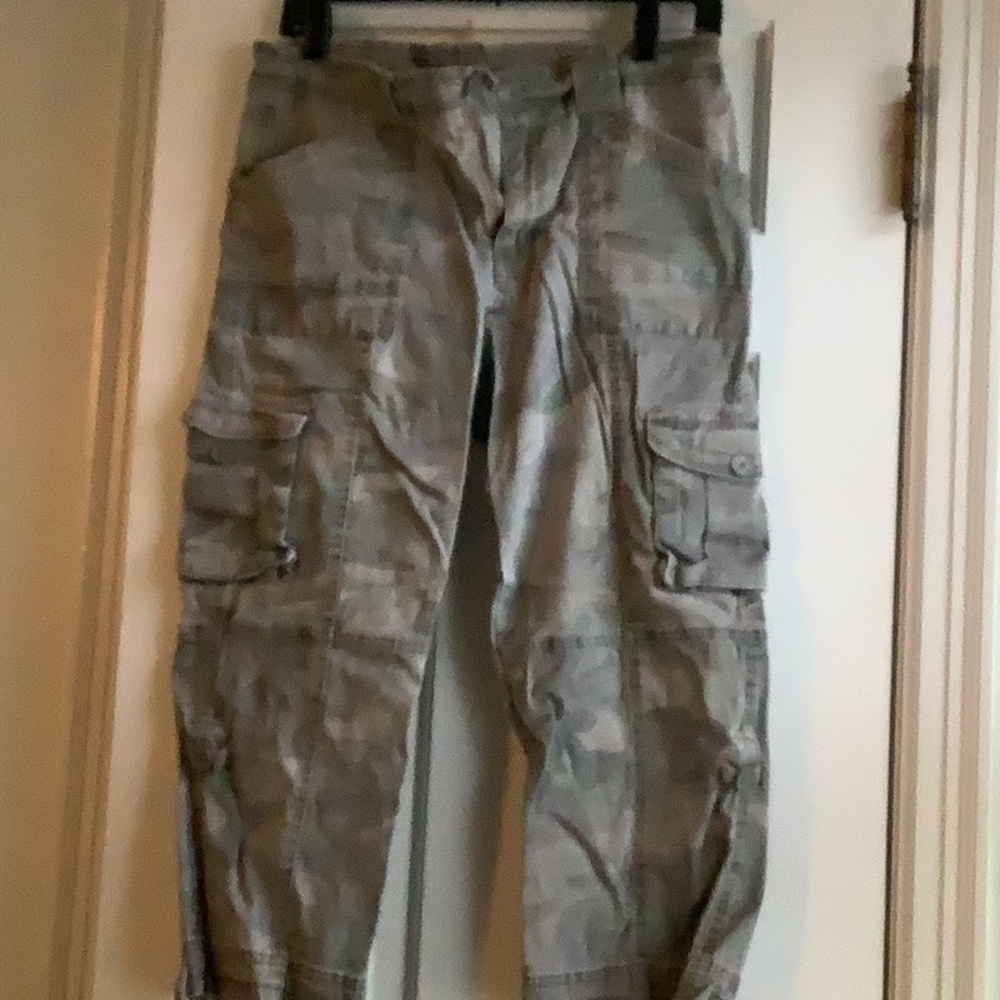 Camouflage capri pants.